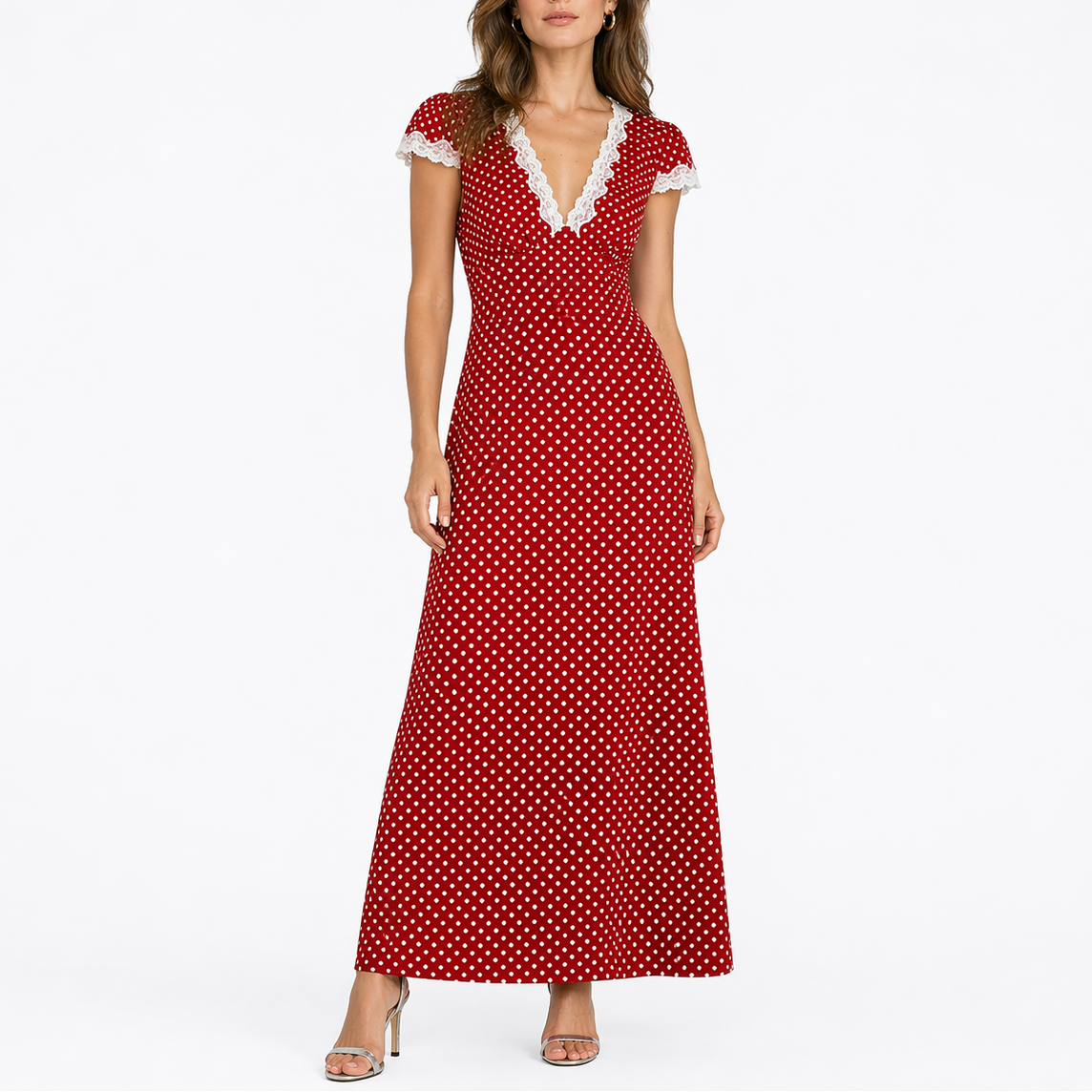 Robe midi d’été femme à pois, col V, bordure en dentelle
