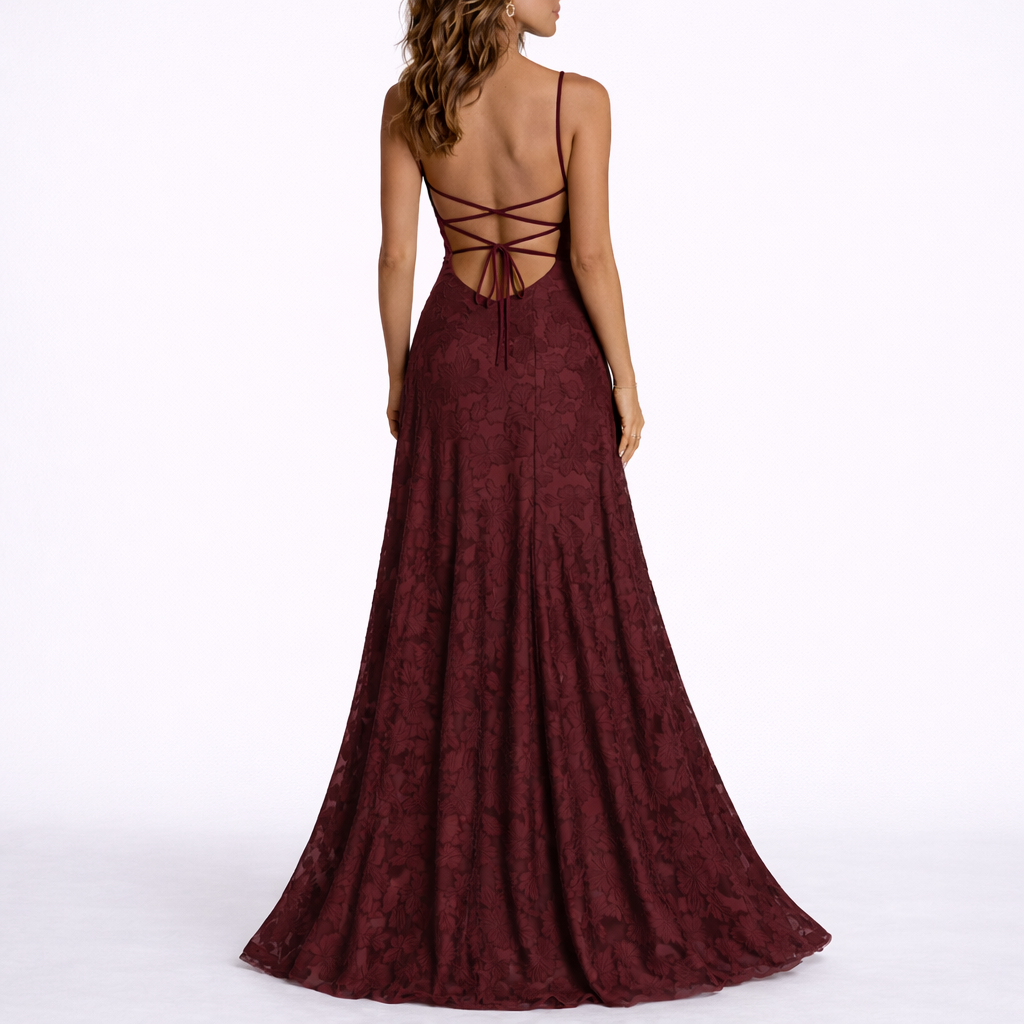 Robe longue femme dos ouvert, texture florale