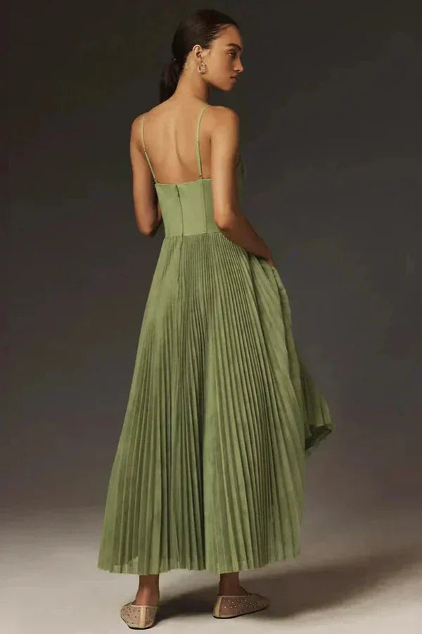 Robe midi femme plissée à bretelles vert olive moderne