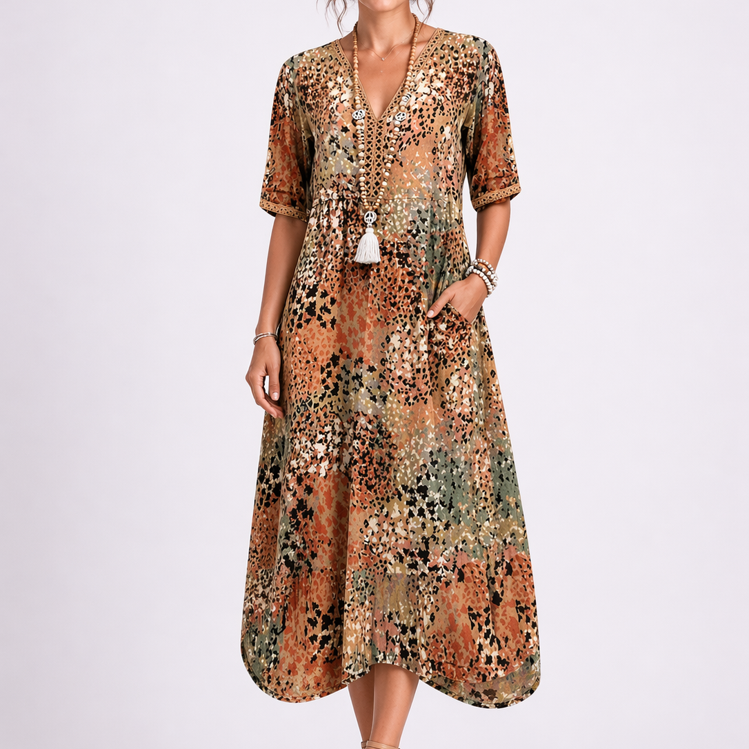Robe midi d’été femme à fleurs, col V