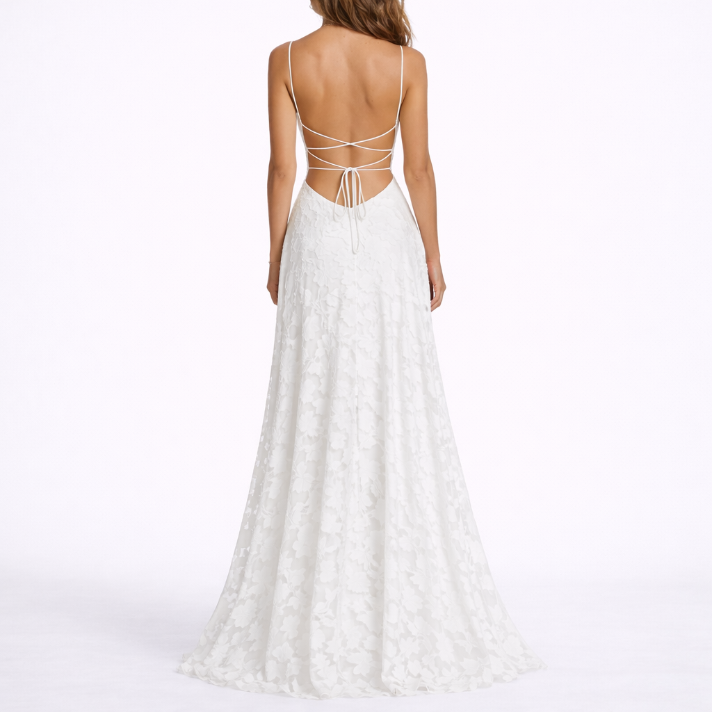 Robe longue femme dos ouvert, texture florale