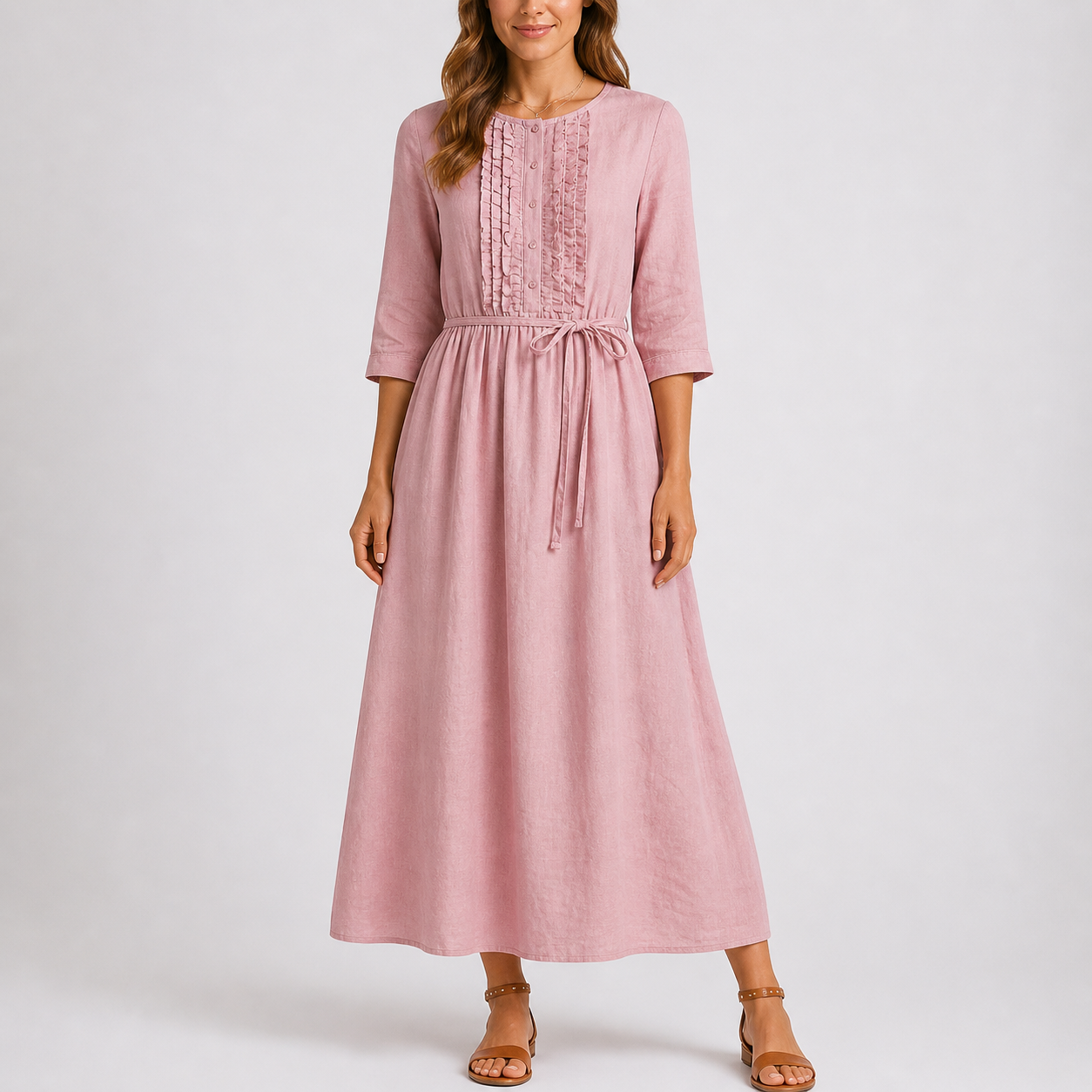 Robe midi d’été femme avec lien à la taille et boutons