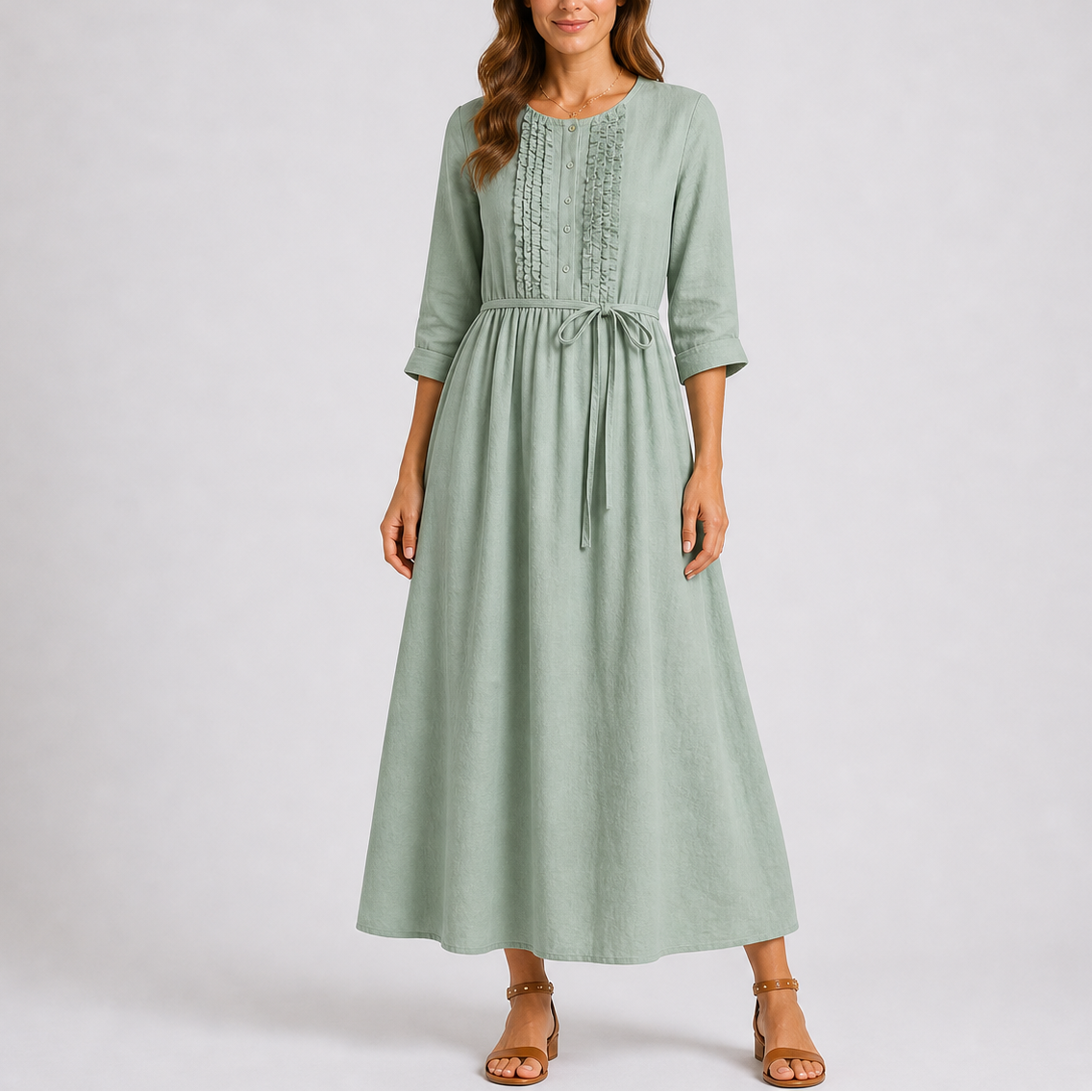 Robe midi d’été femme avec lien à la taille et boutons
