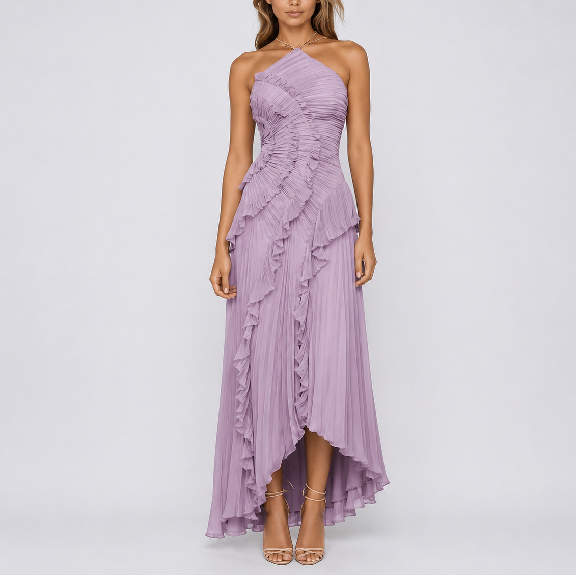 Robe longue plissée femme à volants, col licou