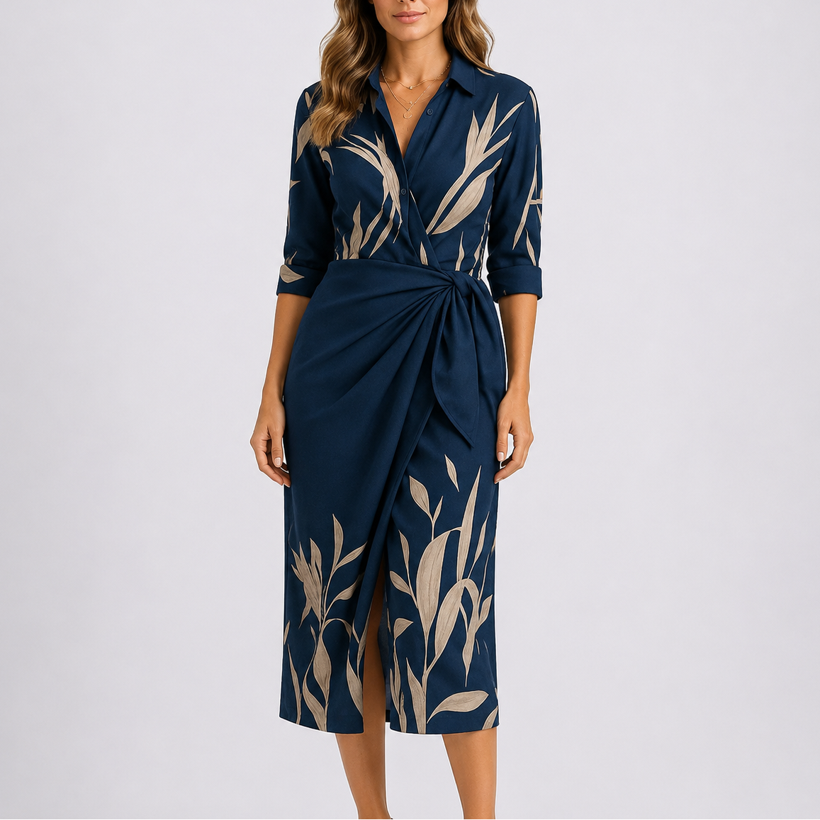 Robe midi portefeuille femme, col V, lien à la taille