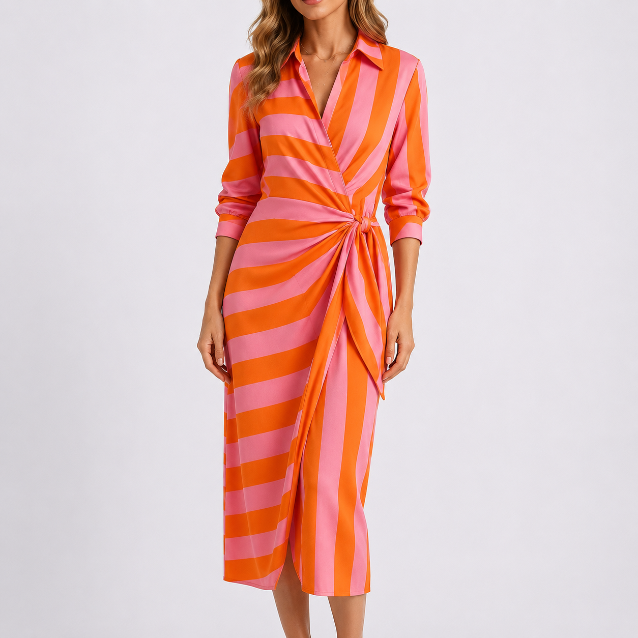 Robe midi portefeuille femme, col V, lien à la taille