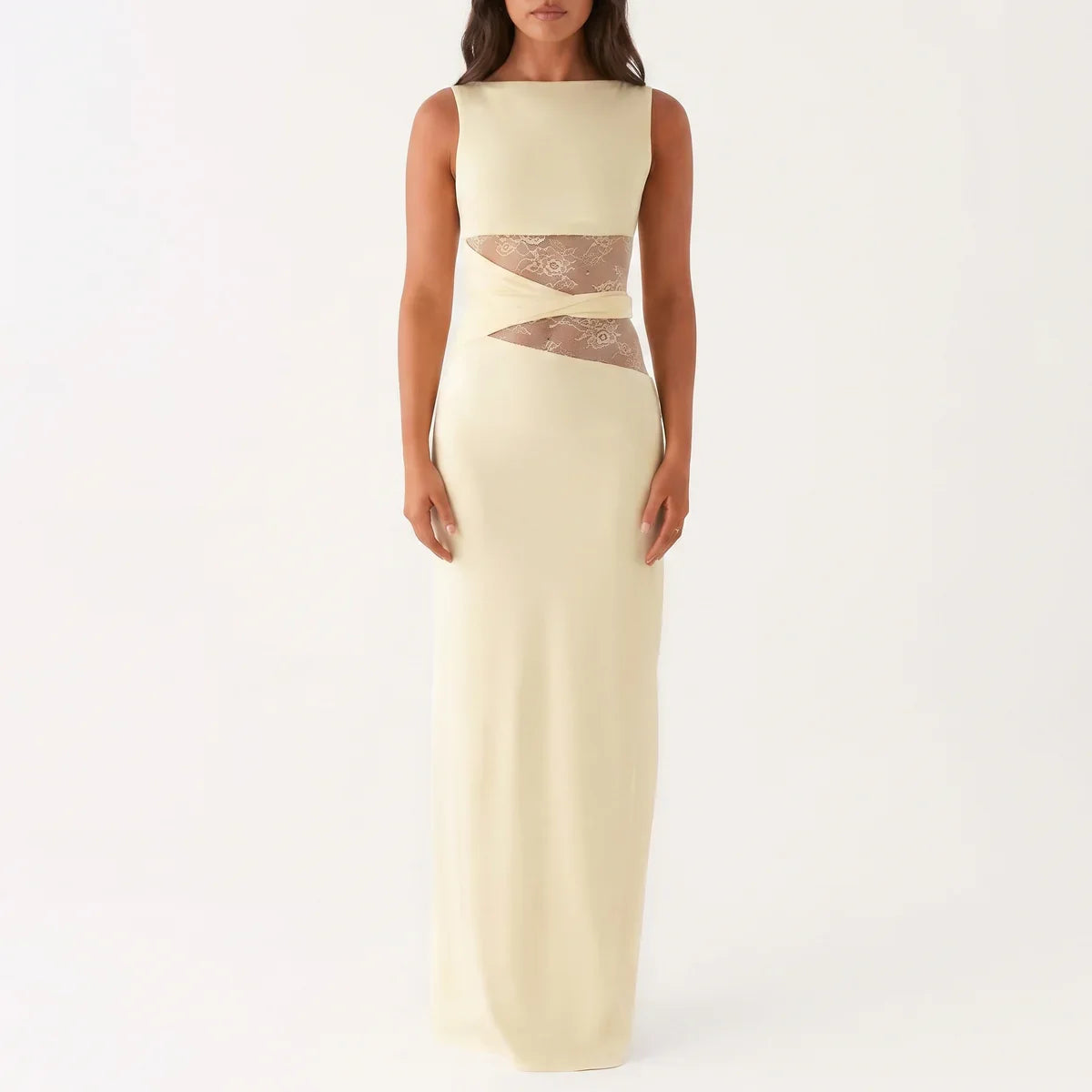 Robe longue femme en dentelle florale avec découpes
