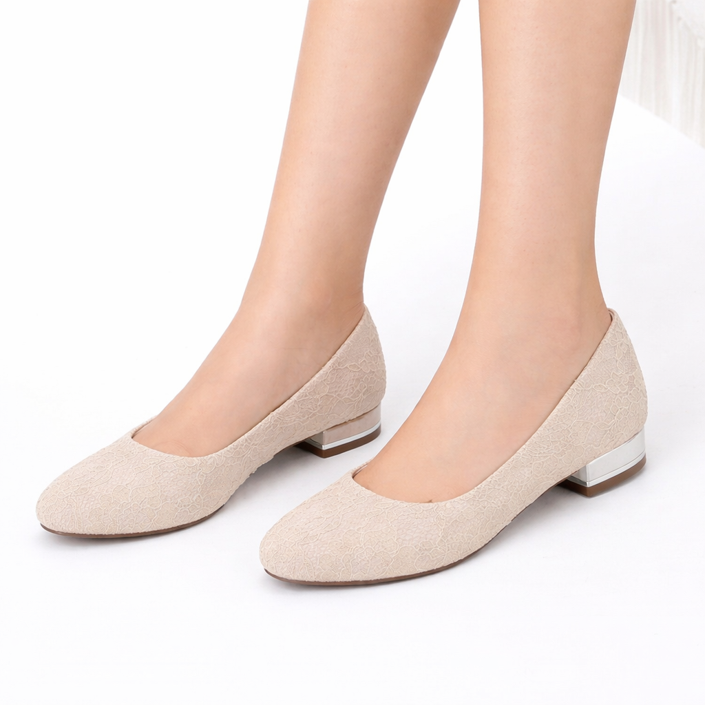 Ballerines de mariée blanches femme en dentelle, bout rond, petit talon