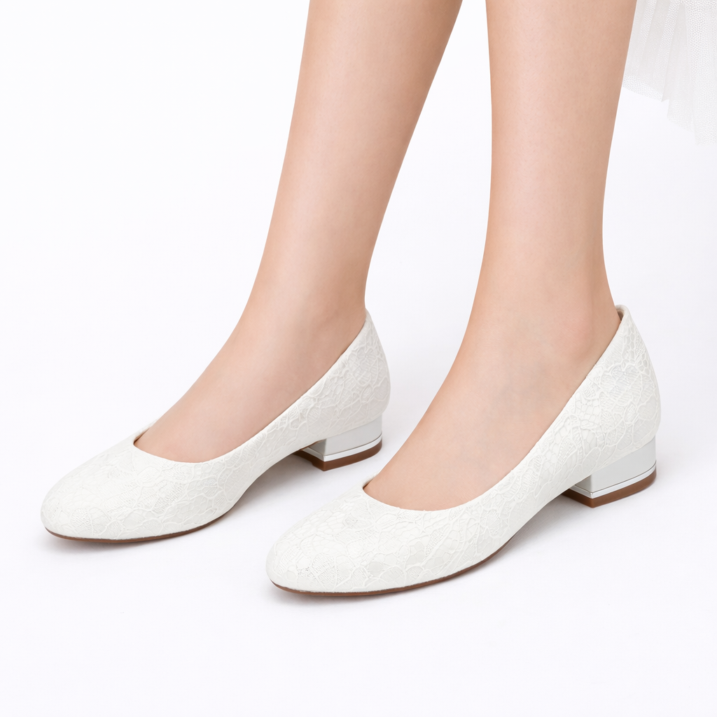 Ballerines de mariée blanches femme en dentelle, bout rond, petit talon