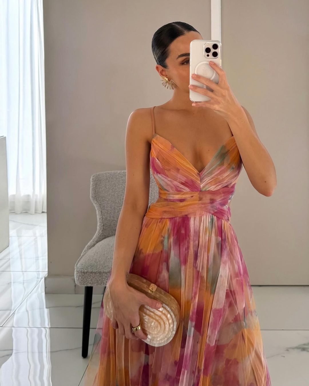Robe longue femme col V coupe fluide bretelles fines multicolore