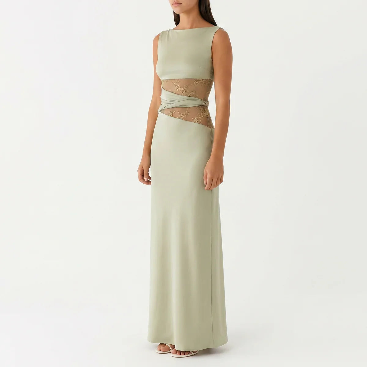 Robe longue femme en dentelle florale avec découpes