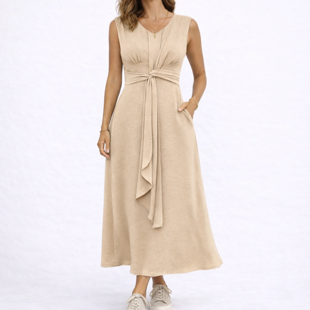 Robe midi femme sans manches avec lien à la taille