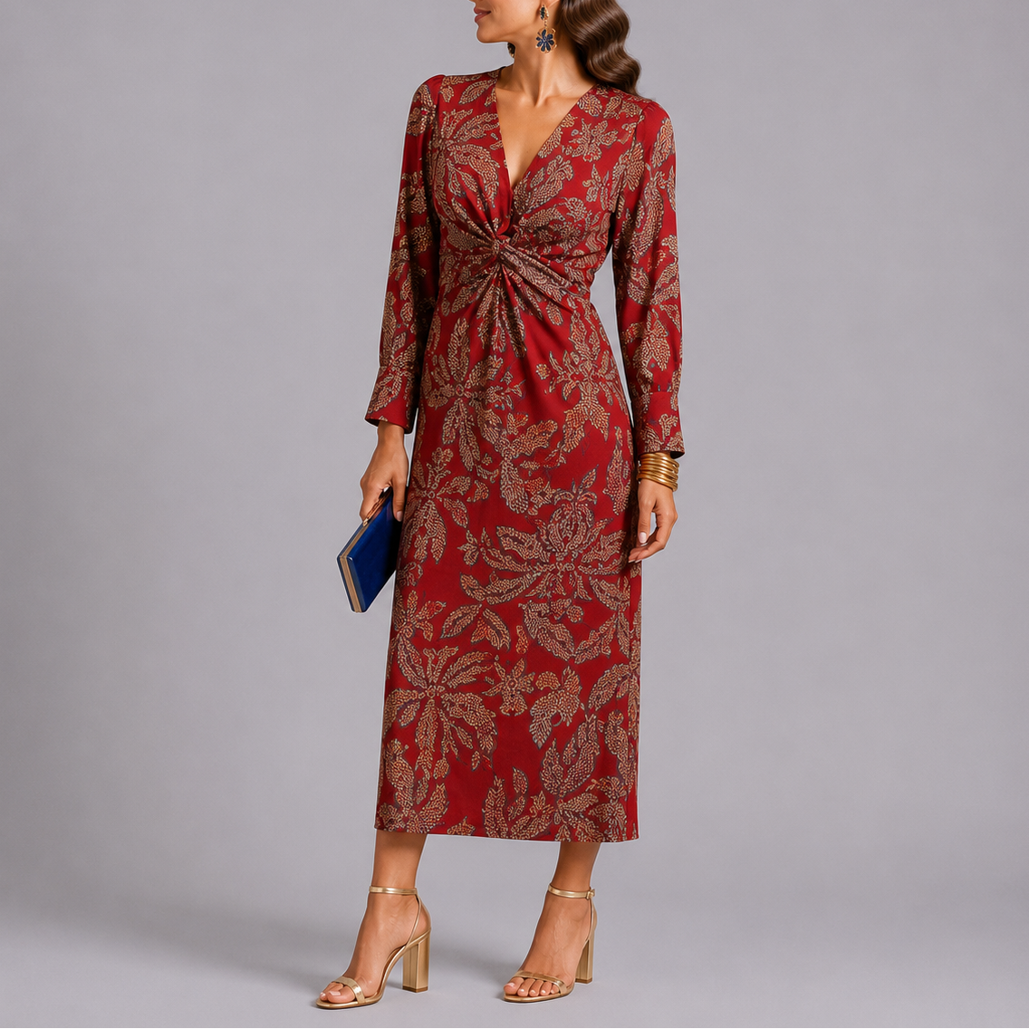 Robe midi bohème femme à fleurs, détail torsadé