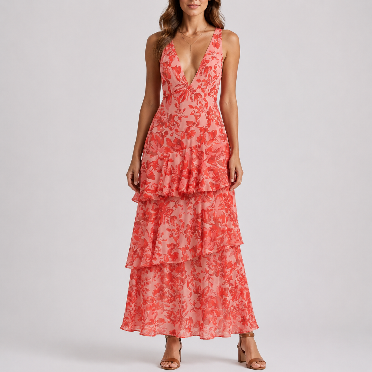 Robe longue femme à fleurs, col V profond, dos ouvert