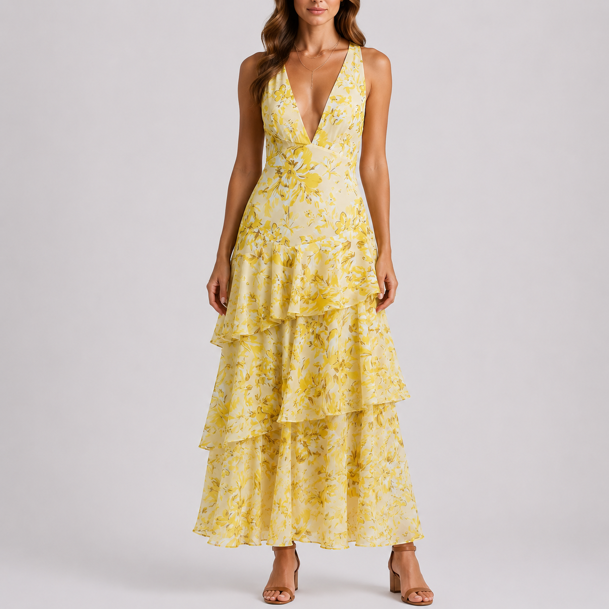 Robe longue femme à fleurs, col V profond, dos ouvert