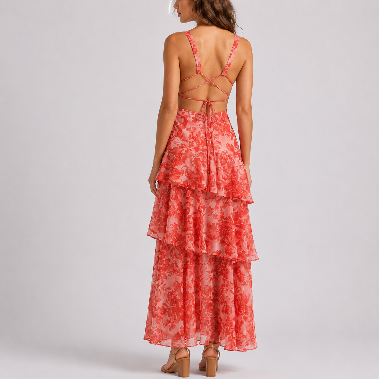 Robe longue femme fleurie col V