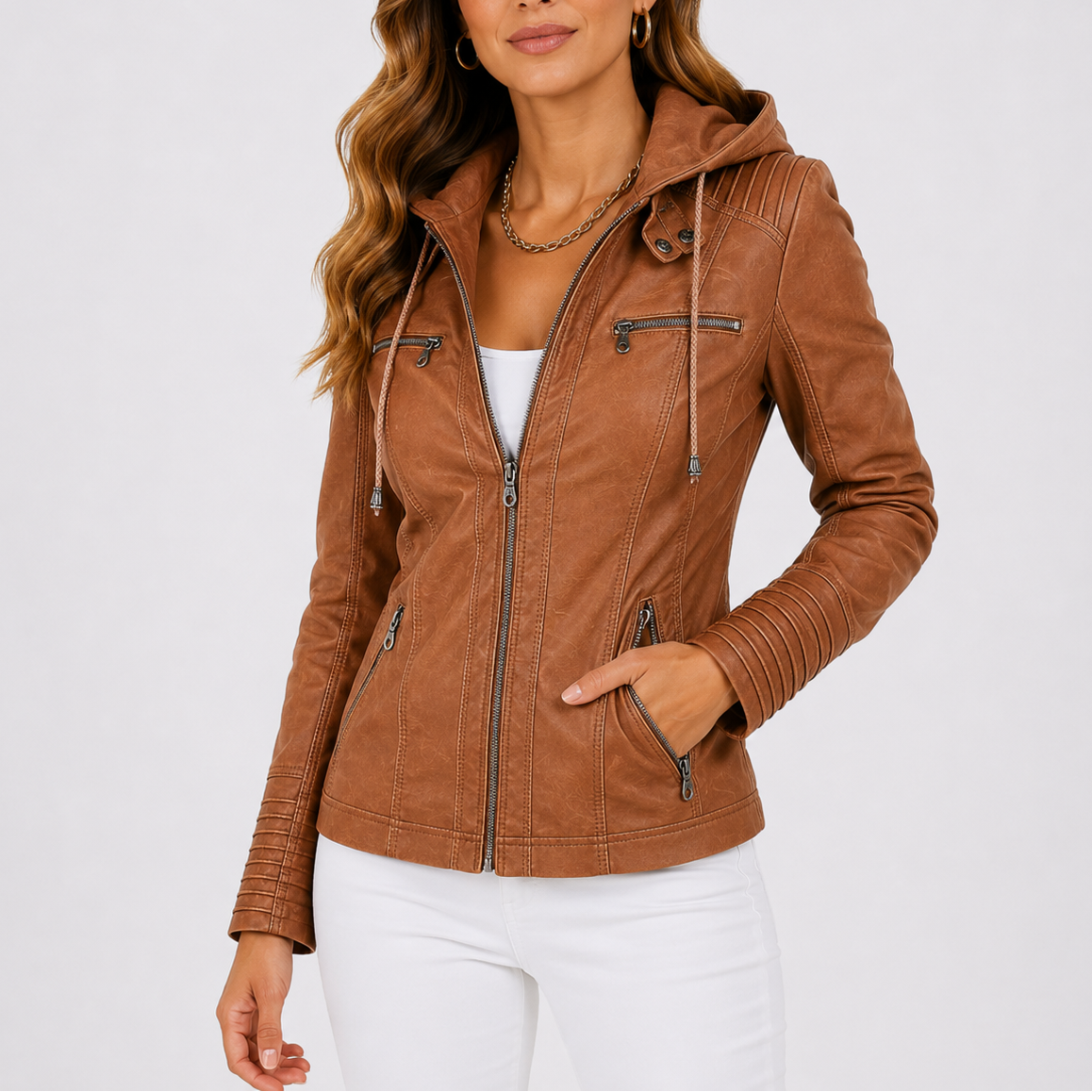 Veste femme en similicuir à capuche avec poches zippées