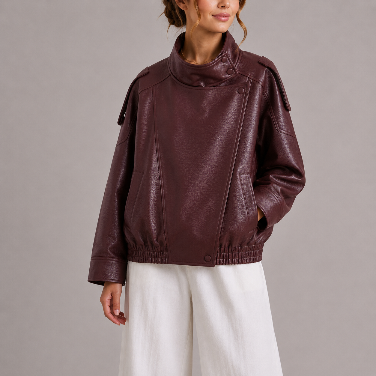 Blouson bomber femme en similicuir, col montant