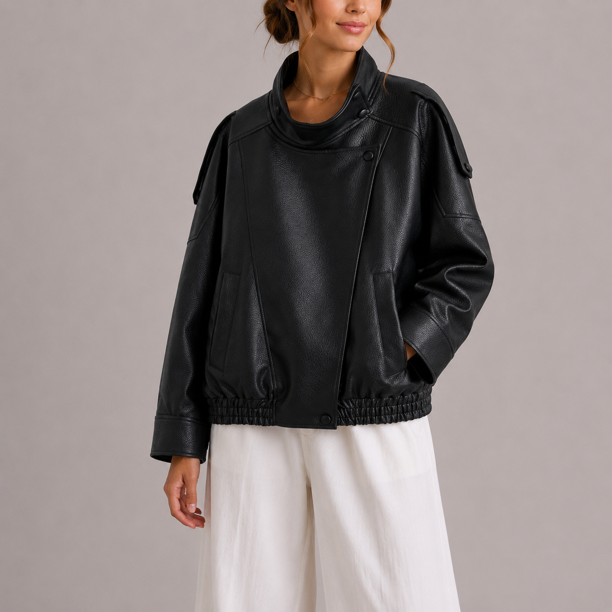Blouson bomber femme en similicuir, col montant