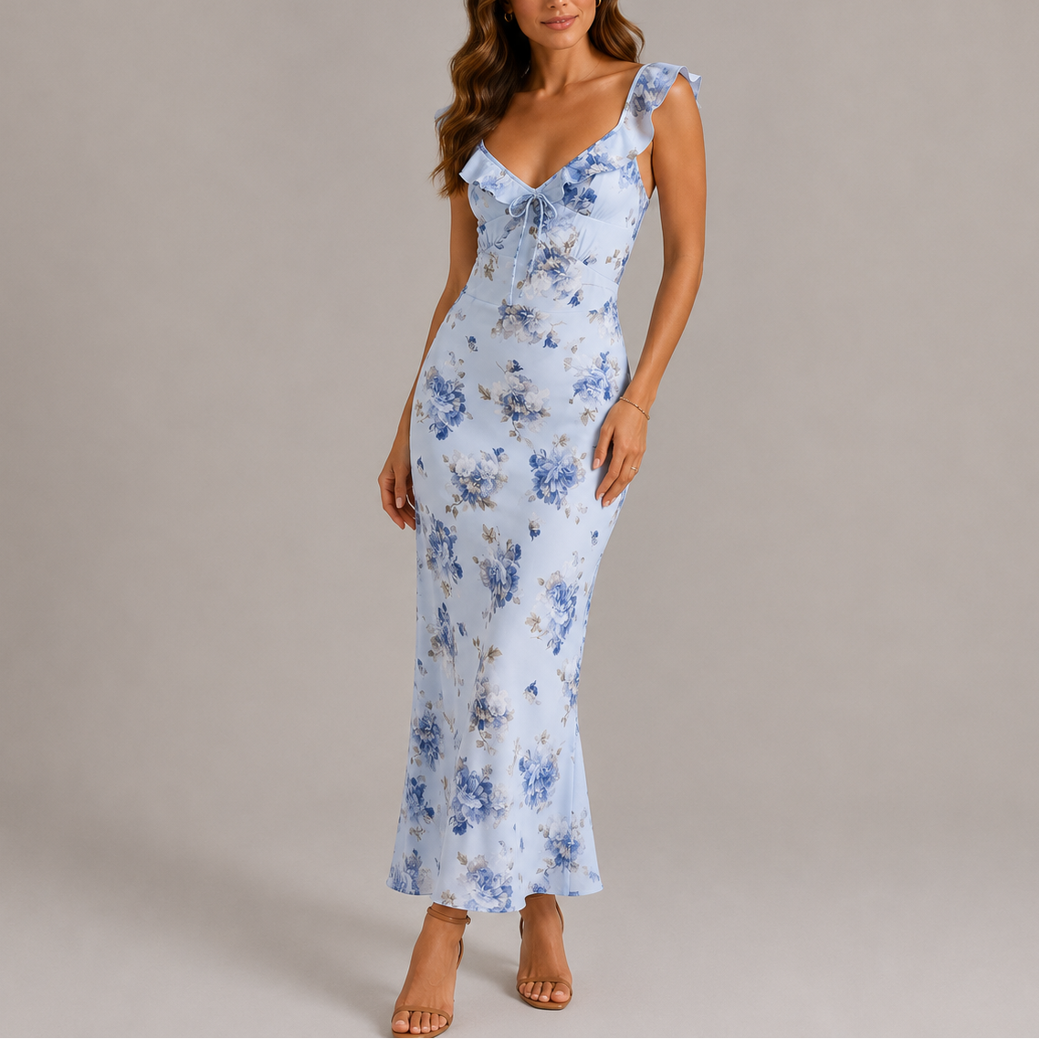 Robe longue femme à fleurs avec bretelles à volants
