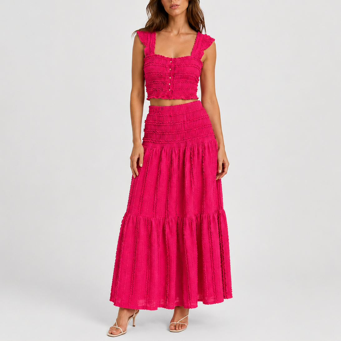 Ensemble coordonné femme froncé, crop top et jupe longue
