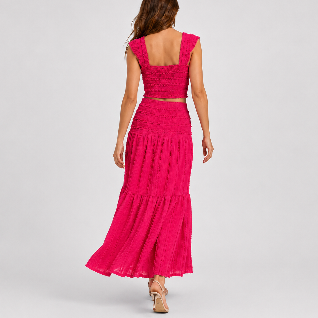 Ensemble coordonné femme froncé, crop top et jupe longue