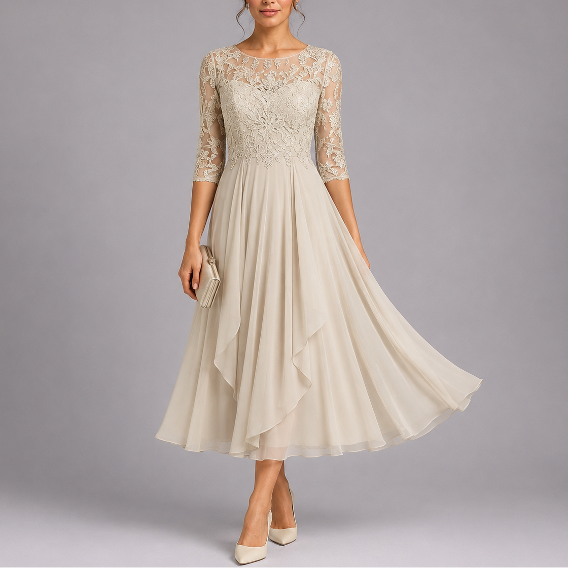 Robe midi femme brodée en dentelle pour cérémonie