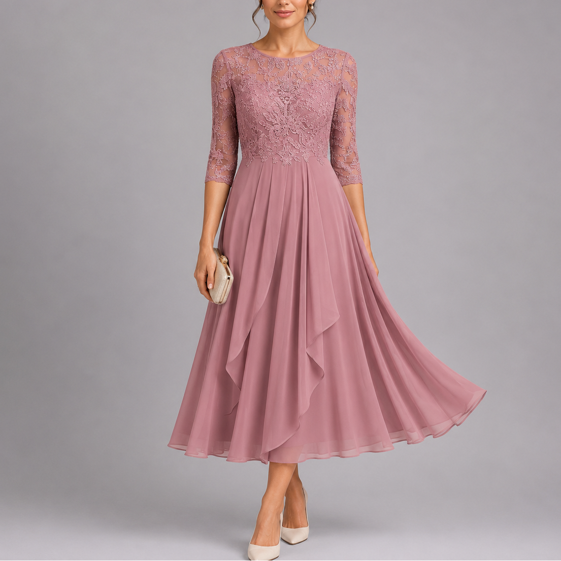 Robe midi femme brodée en dentelle pour cérémonie