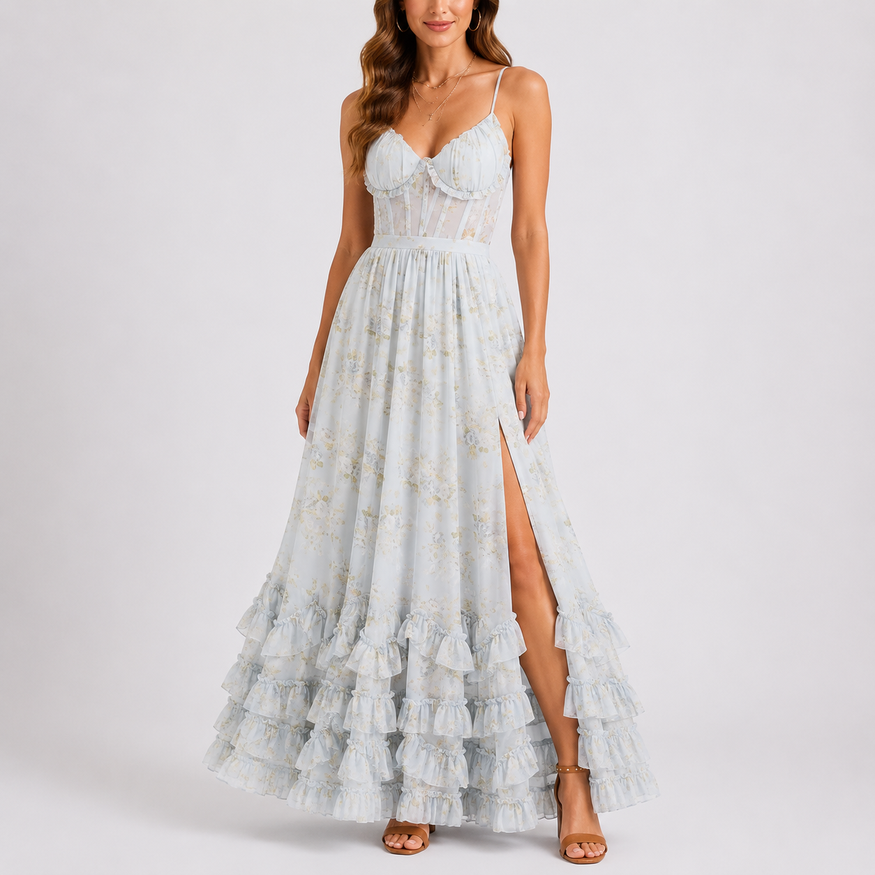 Robe longue femme fleurie coupe corsetée