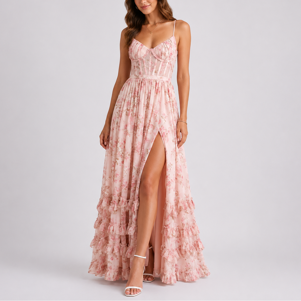 Robe longue femme fleurie coupe corsetée