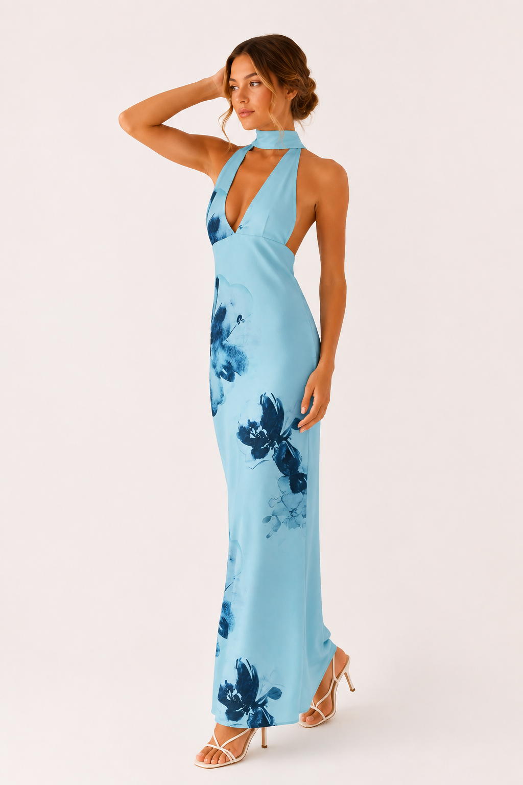 Robe longue femme encolure licou élégant