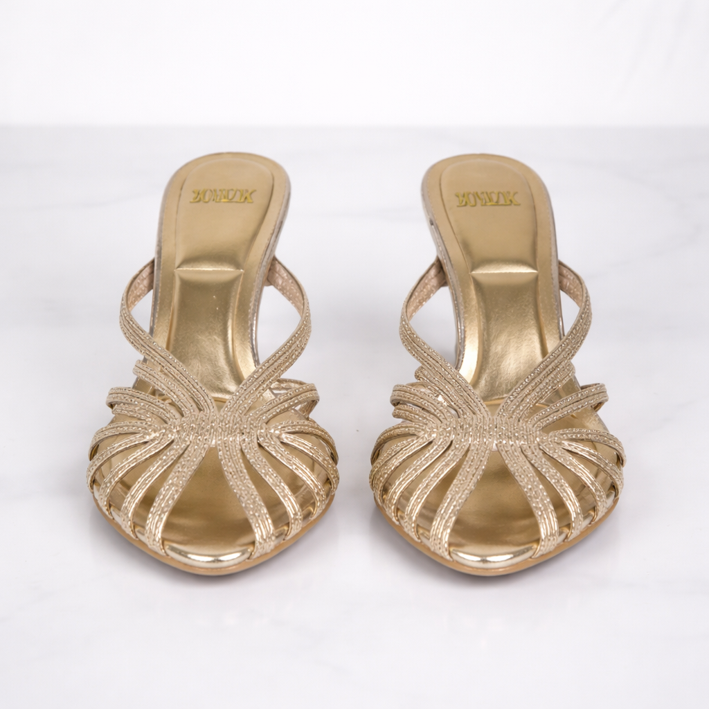 Mules à talons dorées femme à brides, bout ouvert