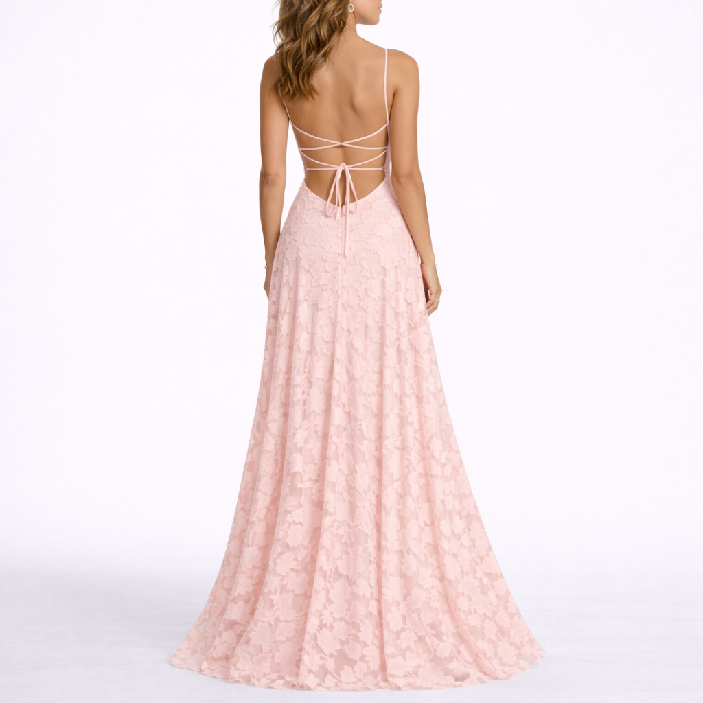 Robe longue femme dos ouvert, texture florale