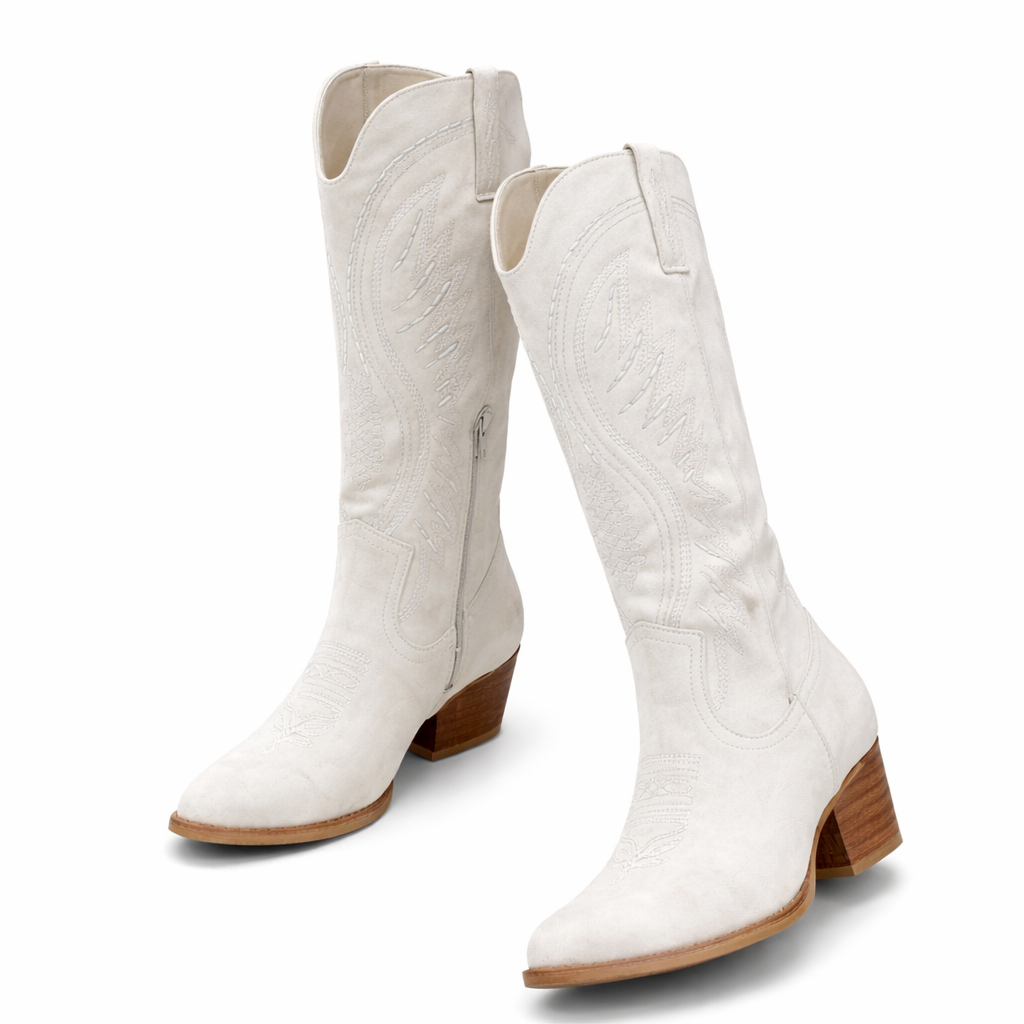 Bottes cowboy femme brodées en daim, talon bloc