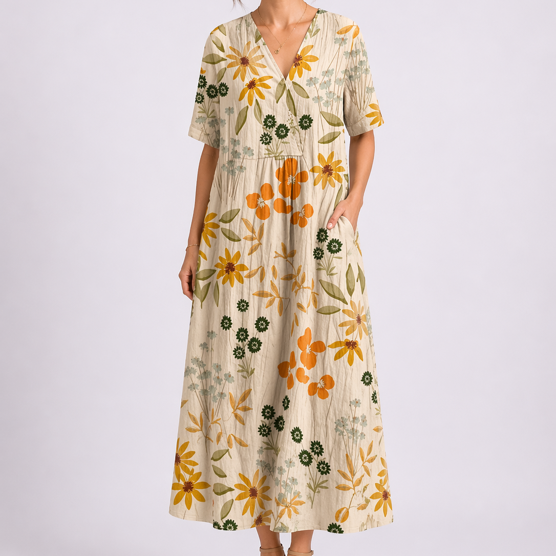 Robe midi femme à fleurs, col V, manches courtes