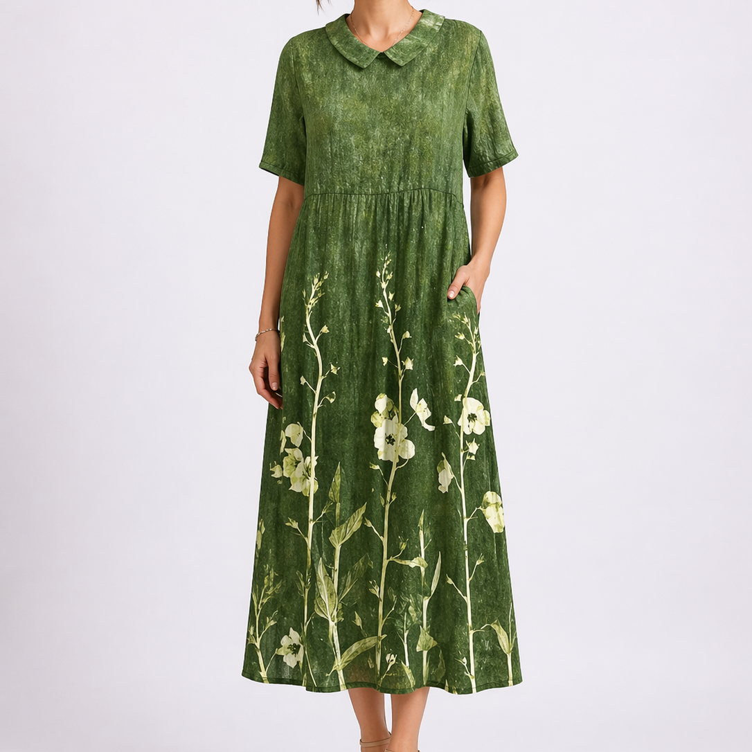Robe midi femme à fleurs, col V, manches courtes