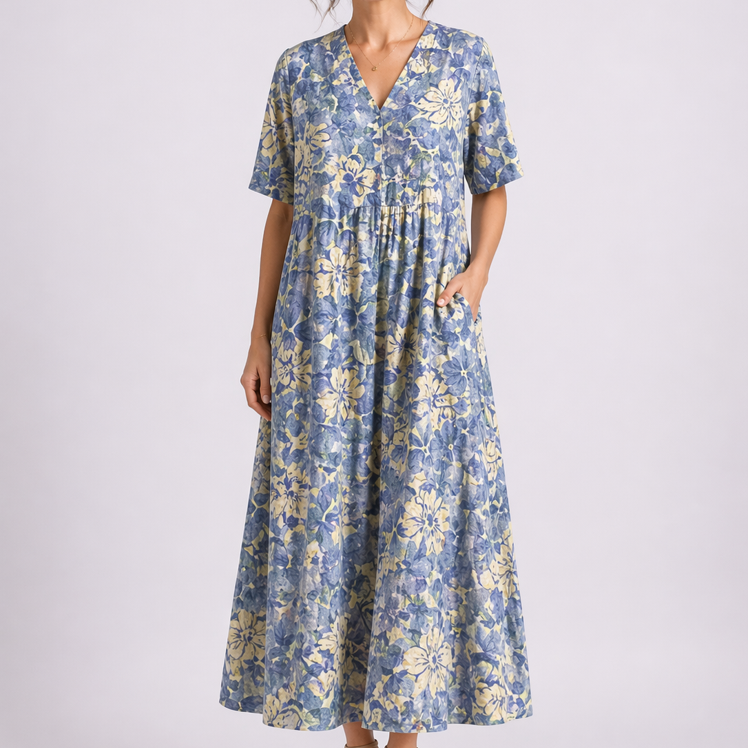 Robe midi femme fleurie col V manches courtes