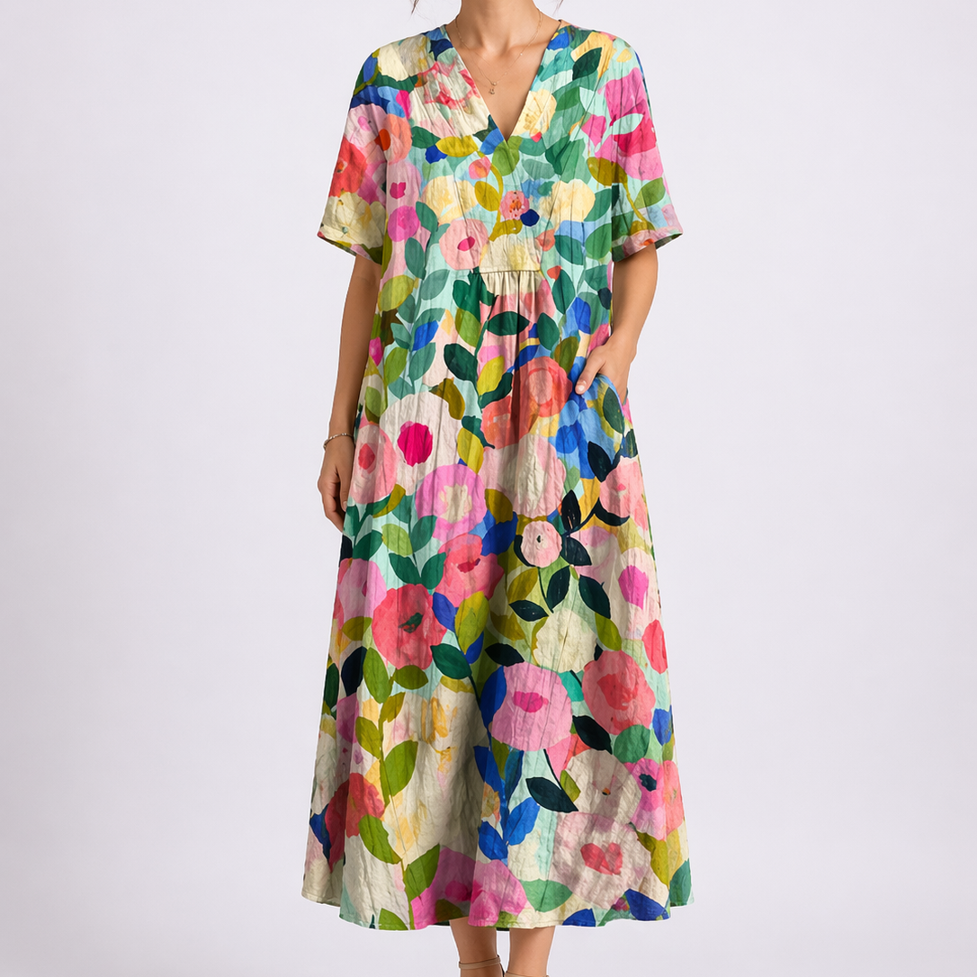 Robe midi femme à fleurs, col V, manches courtes
