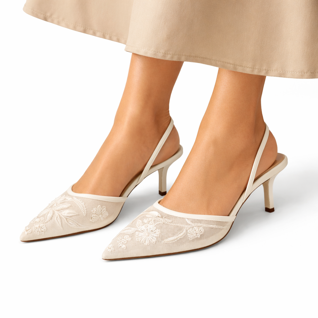 Mules à talons femme en résille brodée, bout pointu
