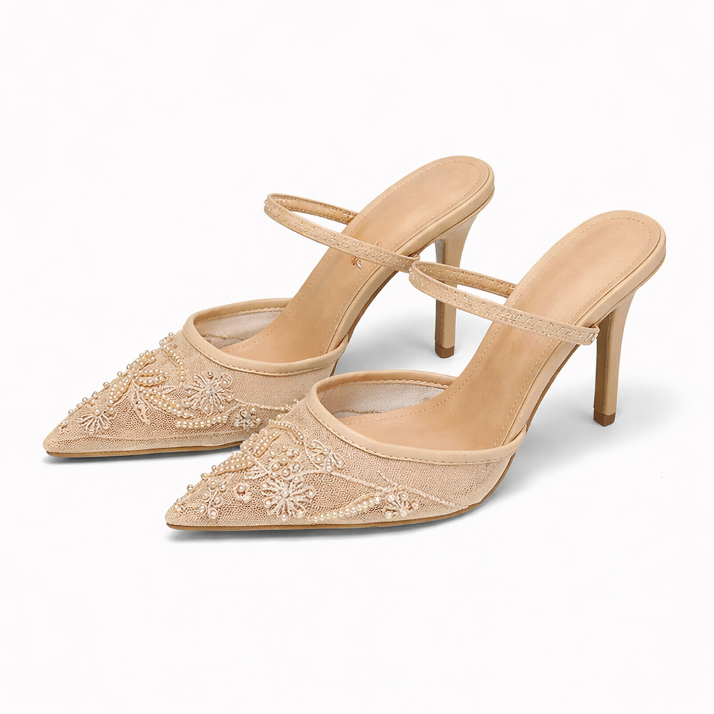 Mules à talons femme en résille brodée, bout pointu