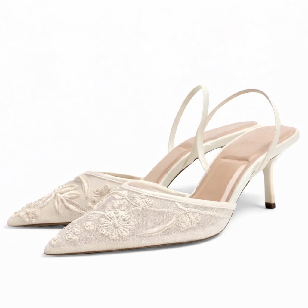 Mules à talons femme en résille brodée, bout pointu