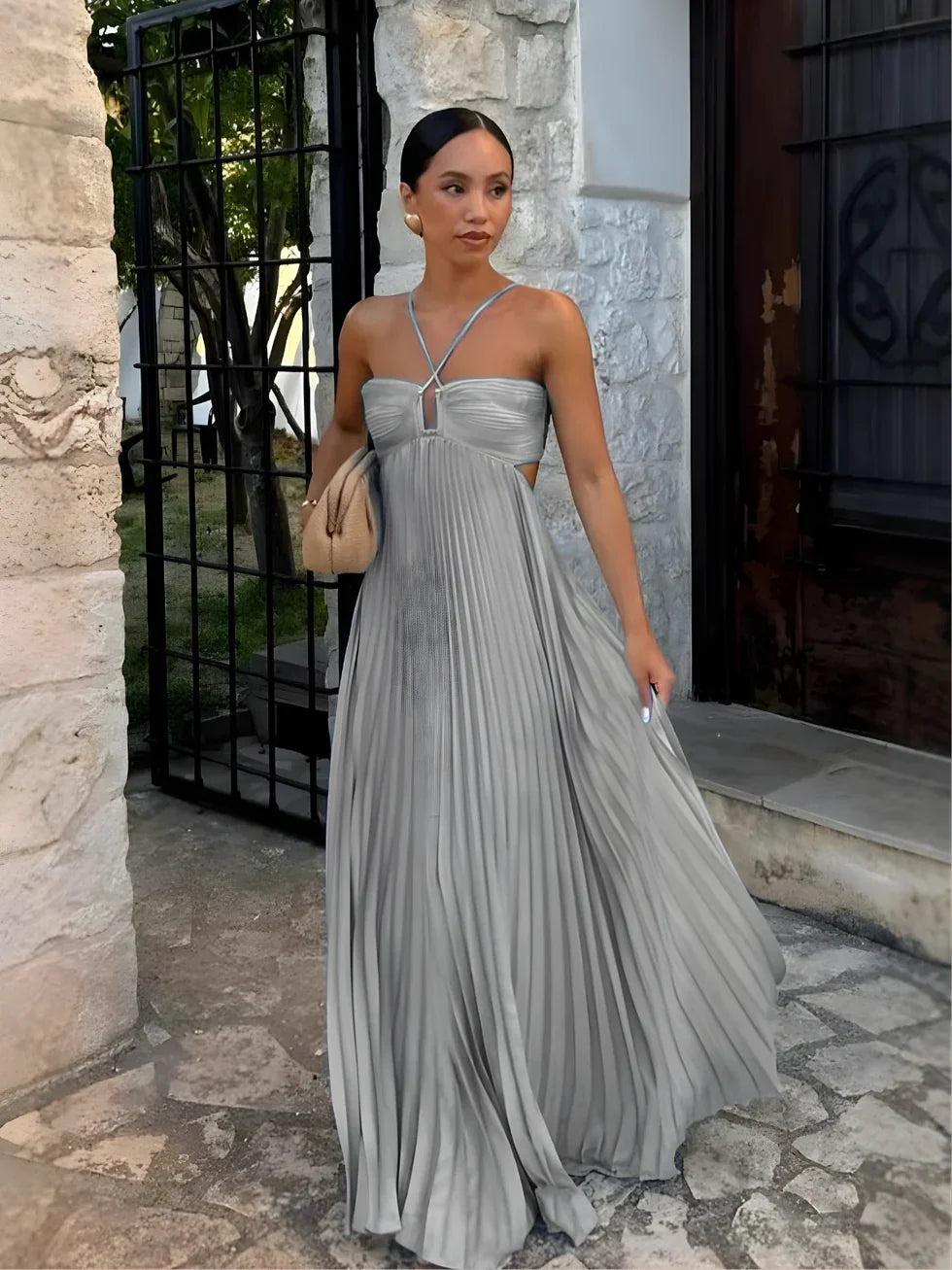Robe longue femme plissée col licou taille haute découpes latérales moderne