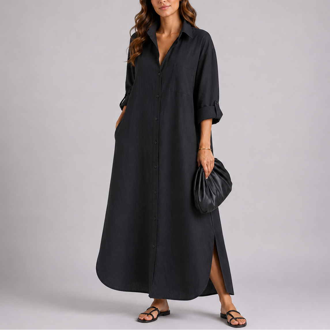 Robe chemise longue femme en lin, coupe ample