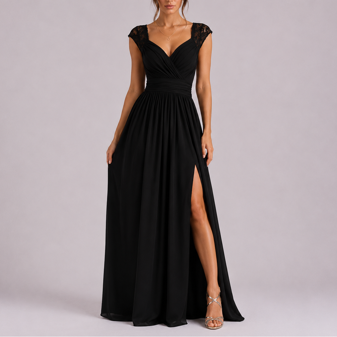 Robe longue femme avec dentelle aux épaules et fente latérale