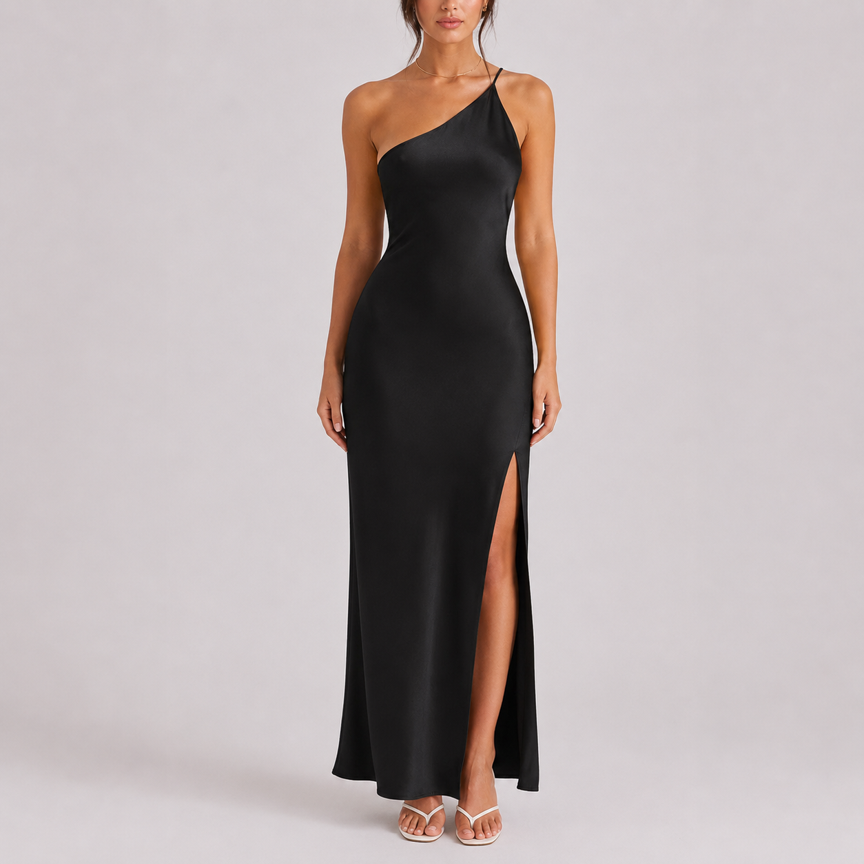 Robe longue femme en satin, une épaule