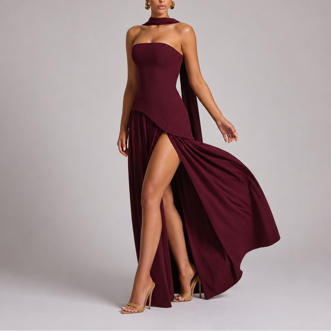 Robe longue femme dos ouvert avec détail foulard
