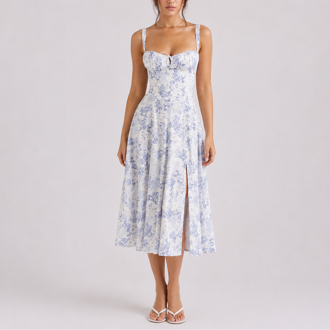 Robe midi corset femme avec buste froncé