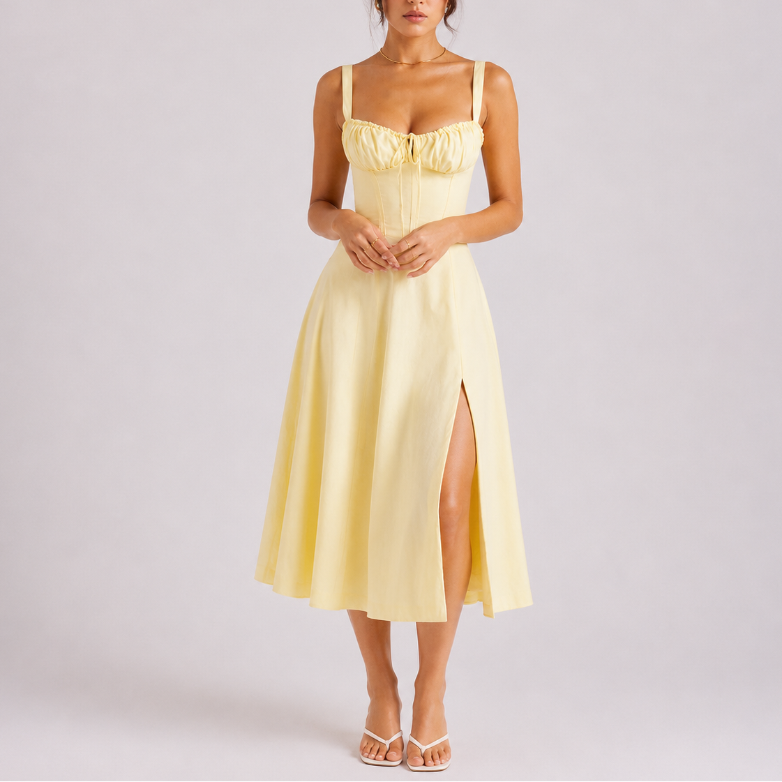 Robe midi corset femme avec buste froncé