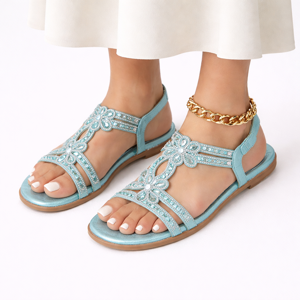 Sandales d’été femme à fleurs avec strass