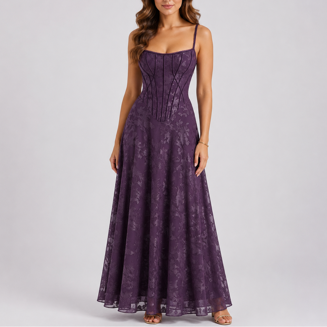 Robe longue corset femme brodée à fleurs